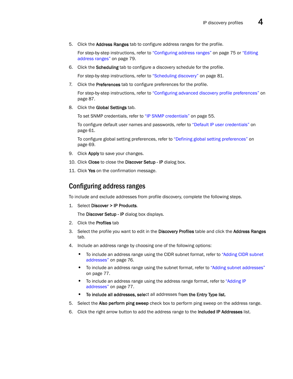 Configuring address ranges, Configuring address, Ranges | Brocade Network Advisor IP User Manual v12.1.0 User Manual | Page 129 / 1770