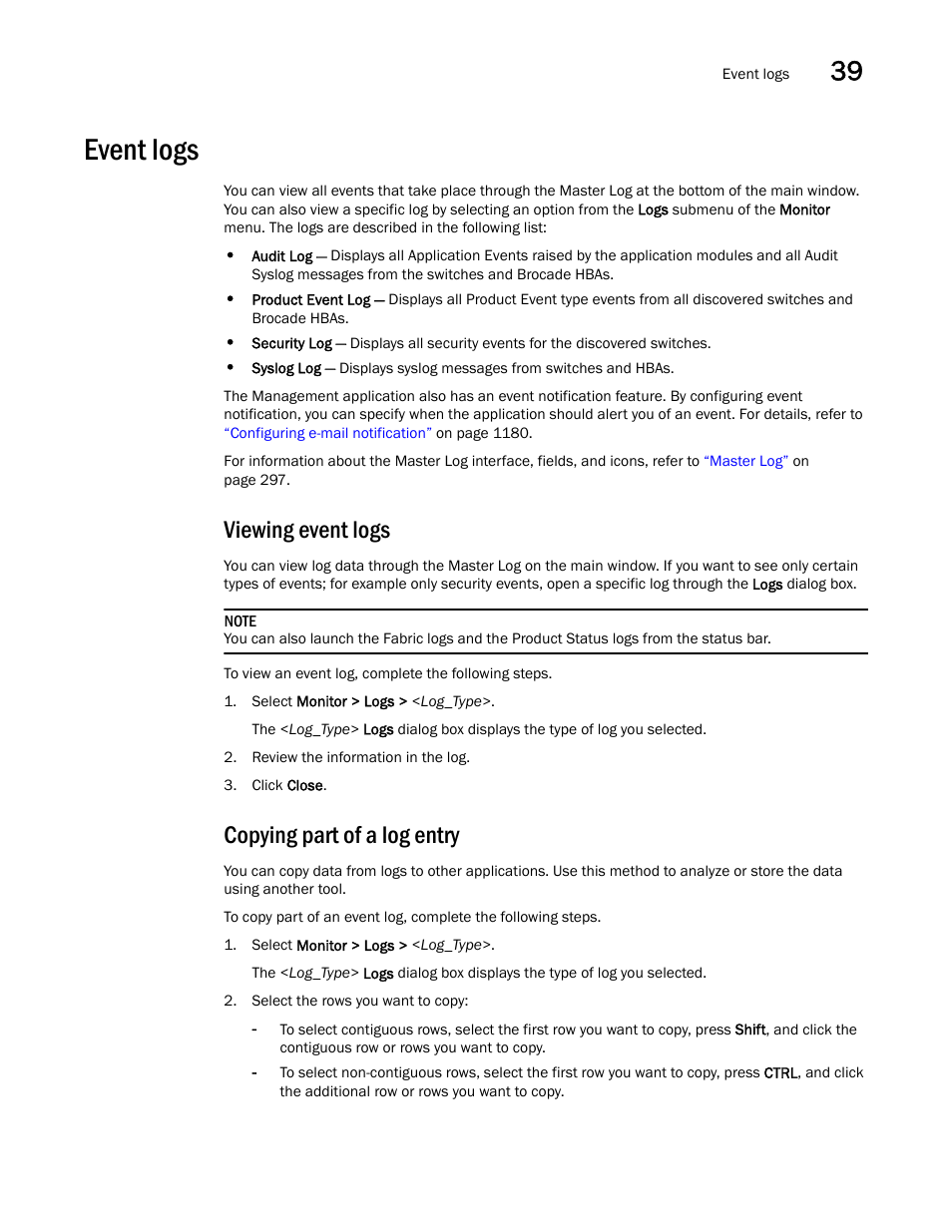 Event logs, Viewing event logs, Copying part of a log entry | Event logs 3 | Brocade Network Advisor IP User Manual v12.1.0 User Manual | Page 1297 / 1770