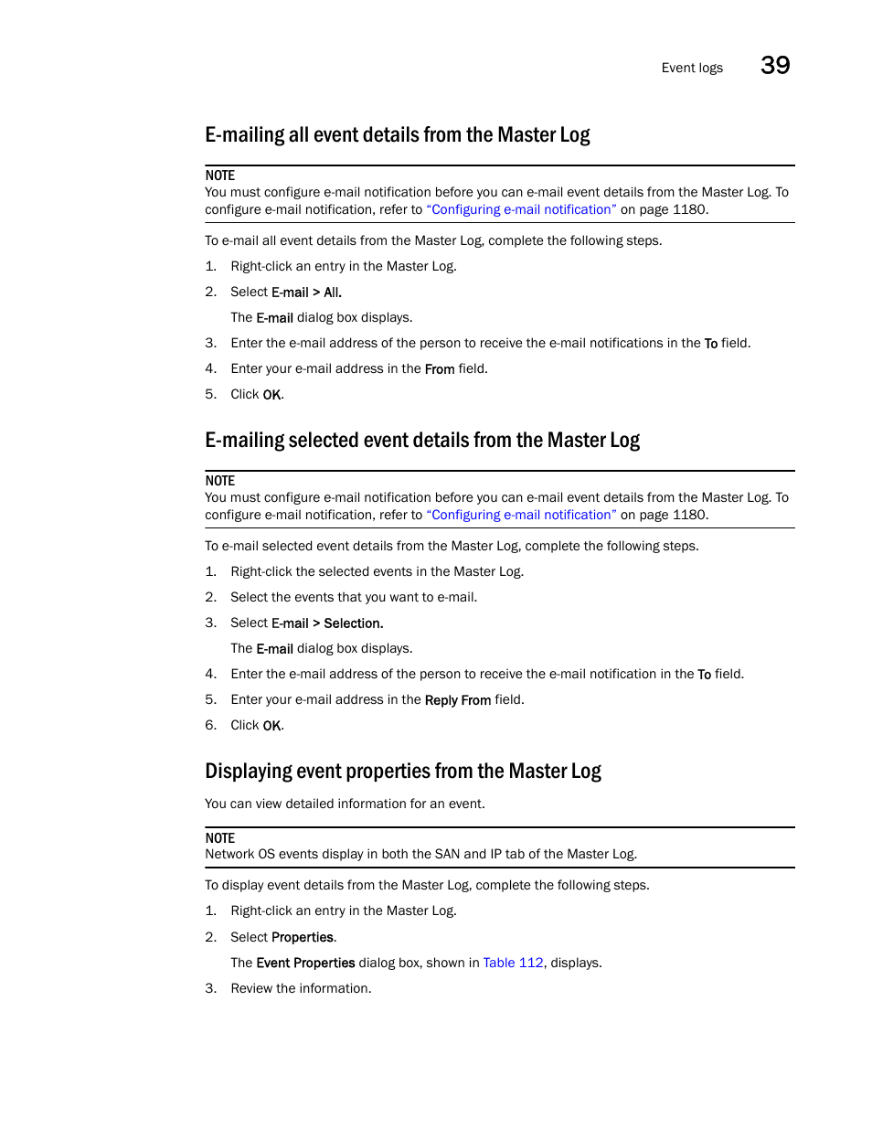 E-mailing all event details from the master log, Displaying event properties from the master log, Displaying | Event properties from the master log | Brocade Network Advisor IP User Manual v12.1.0 User Manual | Page 1299 / 1770