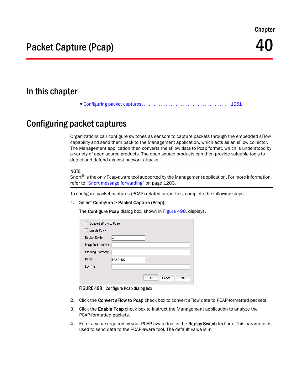 Packet capture (pcap), In this chapter, Configuring packet captures | Chapter 40, Chapter 40, “packet capture (pcap) | Brocade Network Advisor IP User Manual v12.1.0 User Manual | Page 1305 / 1770