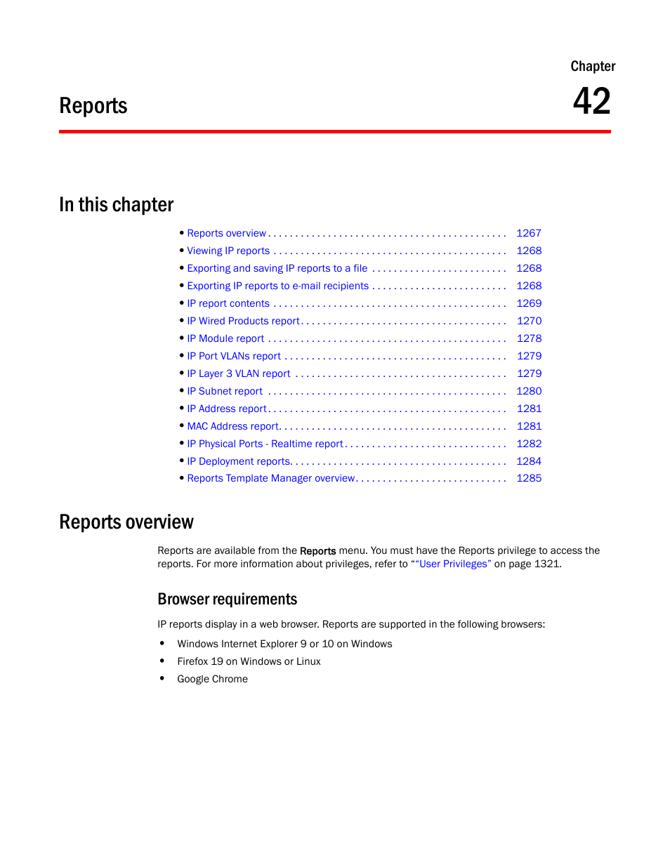 Reports, In this chapter, Reports overview | Browser requirements, Chapter 42, Browser requirements 7, Chapter 42, “reports | Brocade Network Advisor IP User Manual v12.1.0 User Manual | Page 1321 / 1770