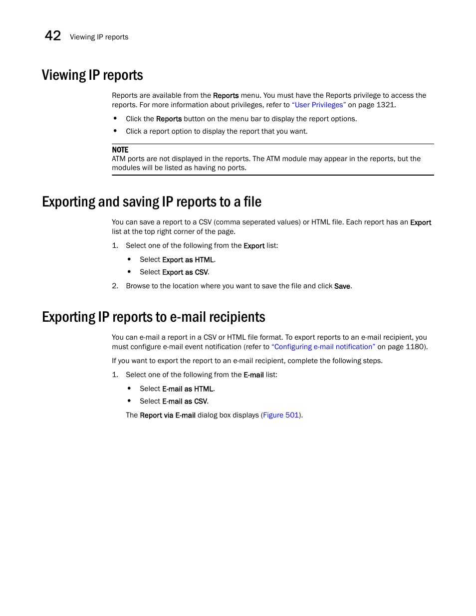 Viewing ip reports, Exporting and saving ip reports to a file, Exporting ip reports to e-mail recipients | Exporting and saving ip reports, To a file, Exporting ip reports to e-mail, Recipients, Viewing ip reports 8, Exporting and saving ip reports to a file 8, Exporting ip reports to e-mail recipients 8 | Brocade Network Advisor IP User Manual v12.1.0 User Manual | Page 1322 / 1770