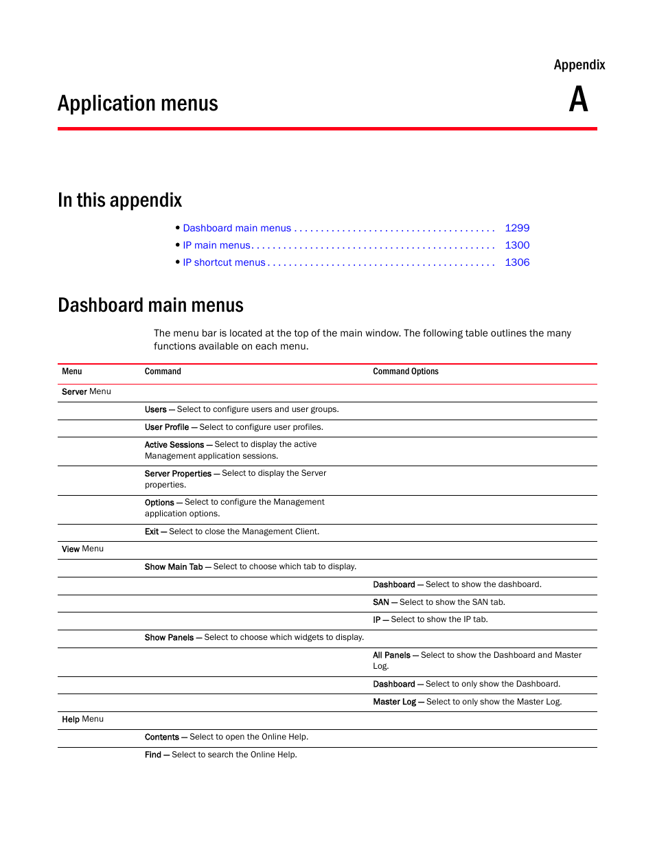 Application menus, Dashboard main menus, Appendix a | Appendix a, “application menus, Appendix | Brocade Network Advisor IP User Manual v12.1.0 User Manual | Page 1353 / 1770