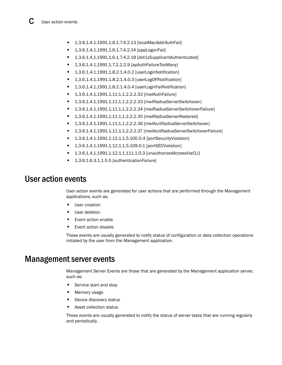 User action events, Management server events, User action events 8 | Management server events 8 | Brocade Network Advisor IP User Manual v12.1.0 User Manual | Page 1372 / 1770