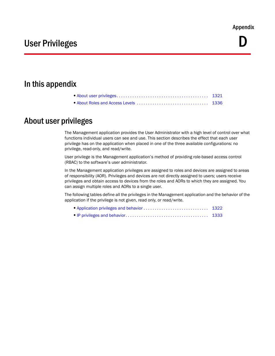 User privileges, About user privileges, Appendix d | Appendix d, “user privileges, User, Privileges | Brocade Network Advisor IP User Manual v12.1.0 User Manual | Page 1375 / 1770