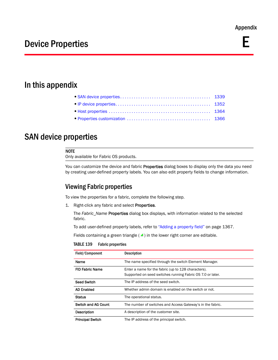 Device properties, San device properties, Viewing fabric properties | Appendix e, Viewing fabric properties 9, Appendix e, “device properties, Appendix | Brocade Network Advisor IP User Manual v12.1.0 User Manual | Page 1393 / 1770