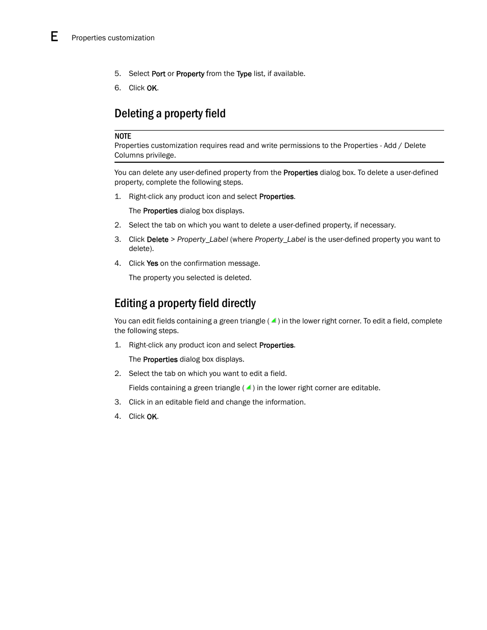 Deleting a property field, Editing a property field directly, Deleting | A property field | Brocade Network Advisor IP User Manual v12.1.0 User Manual | Page 1422 / 1770