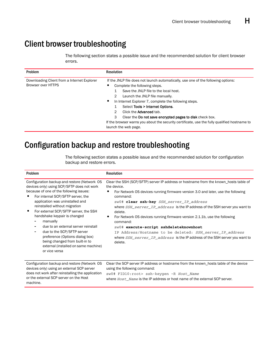 Client browser troubleshooting, Configuration backup and restore troubleshooting, Client browser troubleshooting 5 | Configuration backup and restore troubleshooting 5 | Brocade Network Advisor IP User Manual v12.1.0 User Manual | Page 1449 / 1770