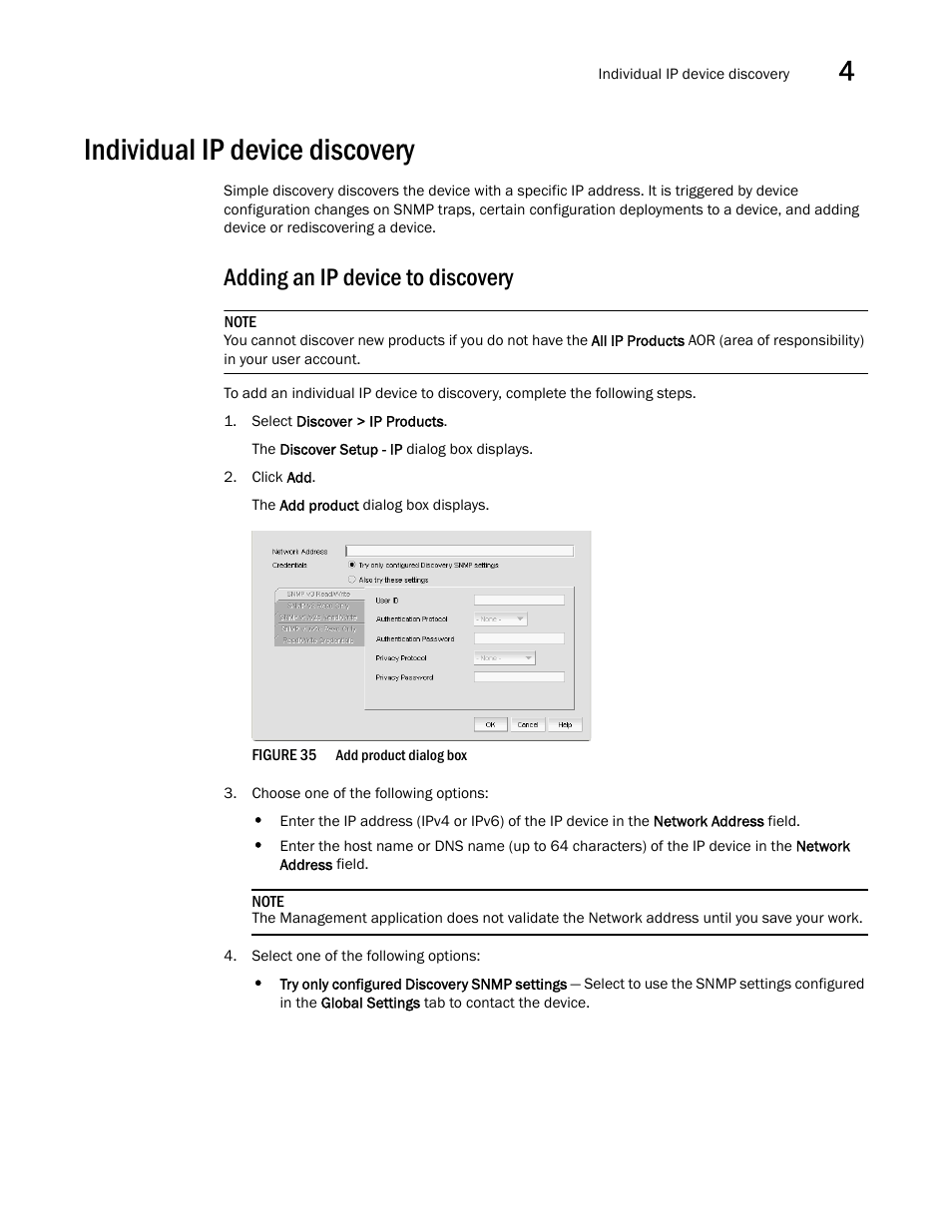 Individual ip device discovery, Adding an ip device to discovery | Brocade Network Advisor IP User Manual v12.1.0 User Manual | Page 147 / 1770