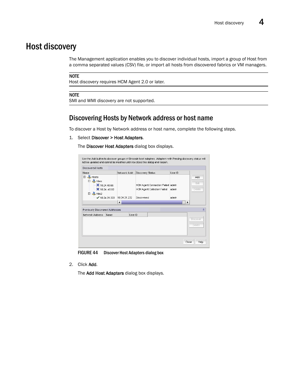 Host discovery, Discovering hosts by network address or host name | Brocade Network Advisor IP User Manual v12.1.0 User Manual | Page 157 / 1770