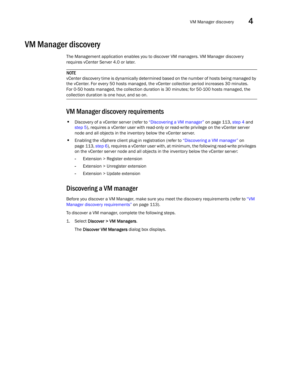 Vm manager discovery, Vm manager discovery requirements, Discovering a vm manager | Brocade Network Advisor IP User Manual v12.1.0 User Manual | Page 167 / 1770