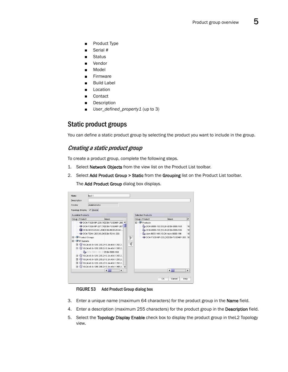 Static product groups, Creating a static product group | Brocade Network Advisor IP User Manual v12.1.0 User Manual | Page 177 / 1770