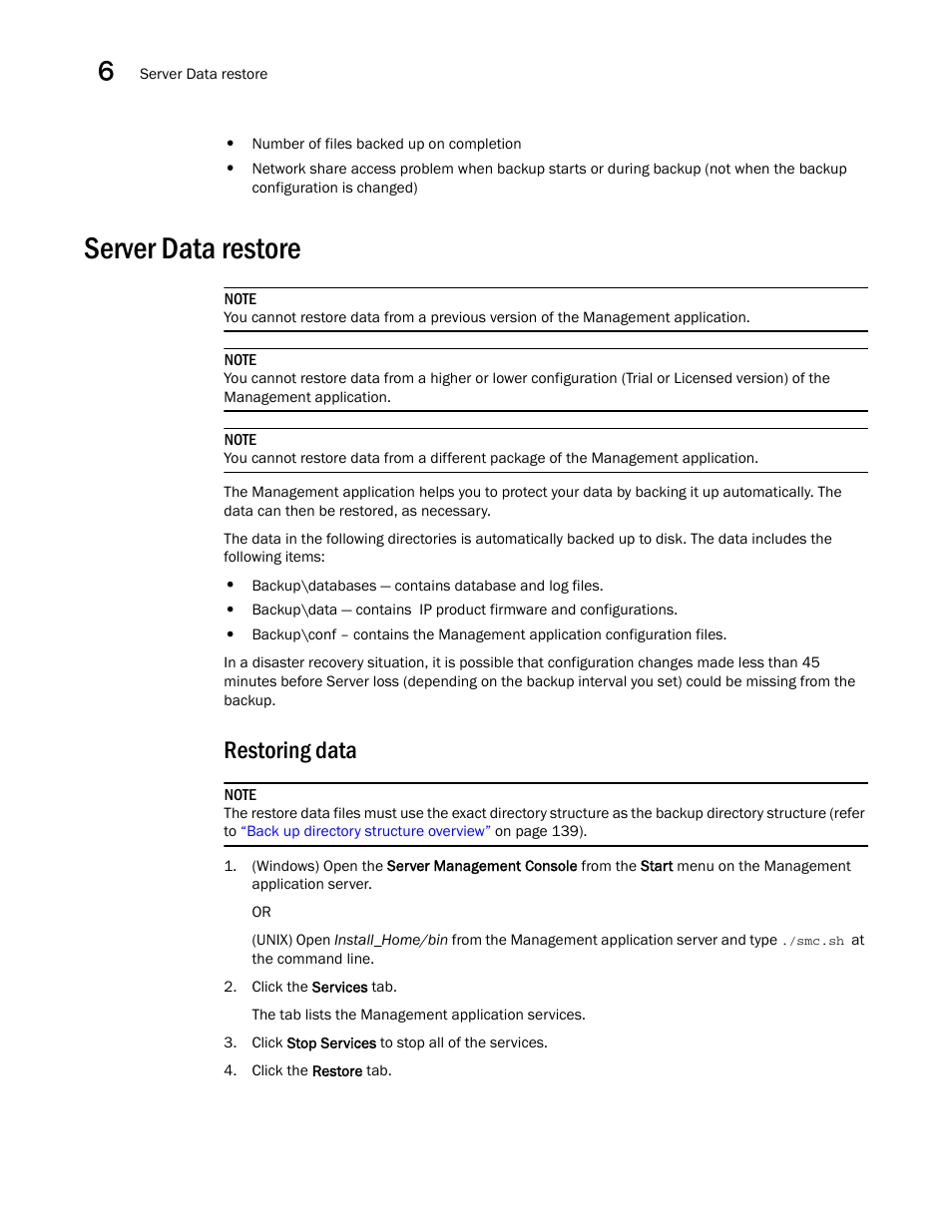 Server data restore, Restoring data | Brocade Network Advisor IP User Manual v12.1.0 User Manual | Page 198 / 1770