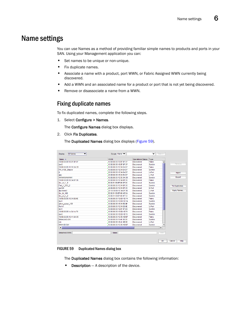 Name settings, Fixing duplicate names | Brocade Network Advisor IP User Manual v12.1.0 User Manual | Page 203 / 1770