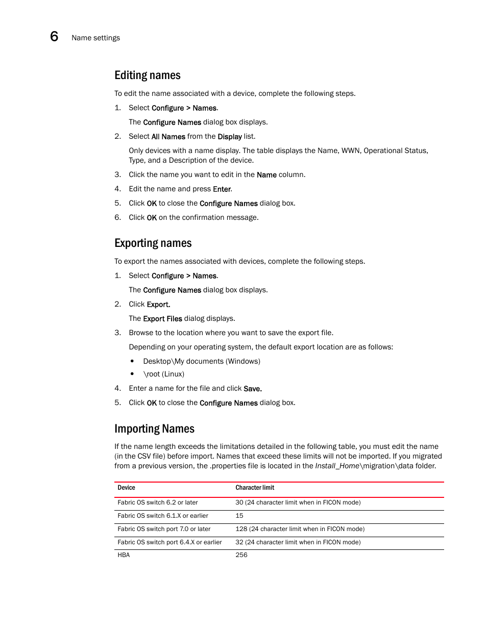 Editing names, Exporting names, Importing names | Importing, Names | Brocade Network Advisor IP User Manual v12.1.0 User Manual | Page 208 / 1770