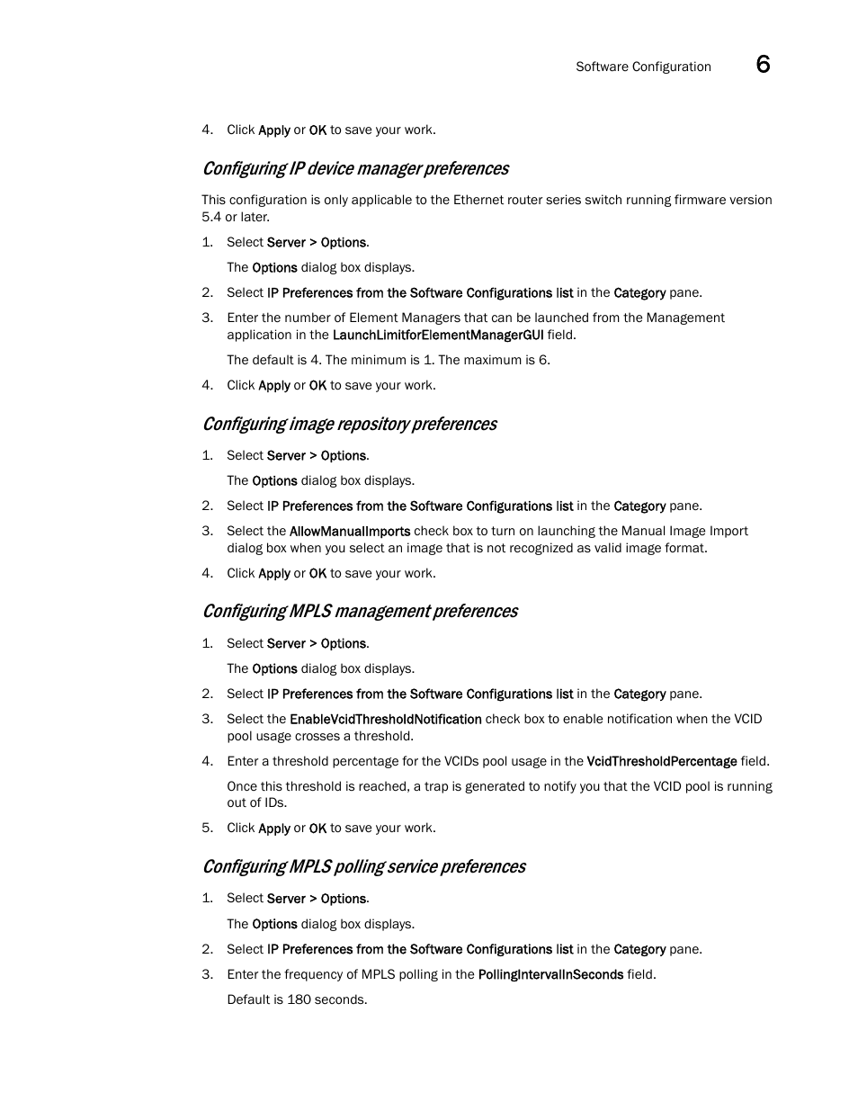 Configuring image repository preferences, Configuring mpls management preferences, Configuring mpls polling service preferences | Configuring ip device manager preferences | Brocade Network Advisor IP User Manual v12.1.0 User Manual | Page 223 / 1770
