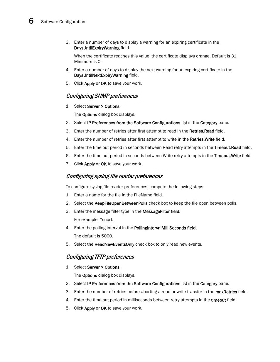 Configuring snmp preferences, Configuring syslog file reader preferences, Configuring tftp preferences | Brocade Network Advisor IP User Manual v12.1.0 User Manual | Page 226 / 1770