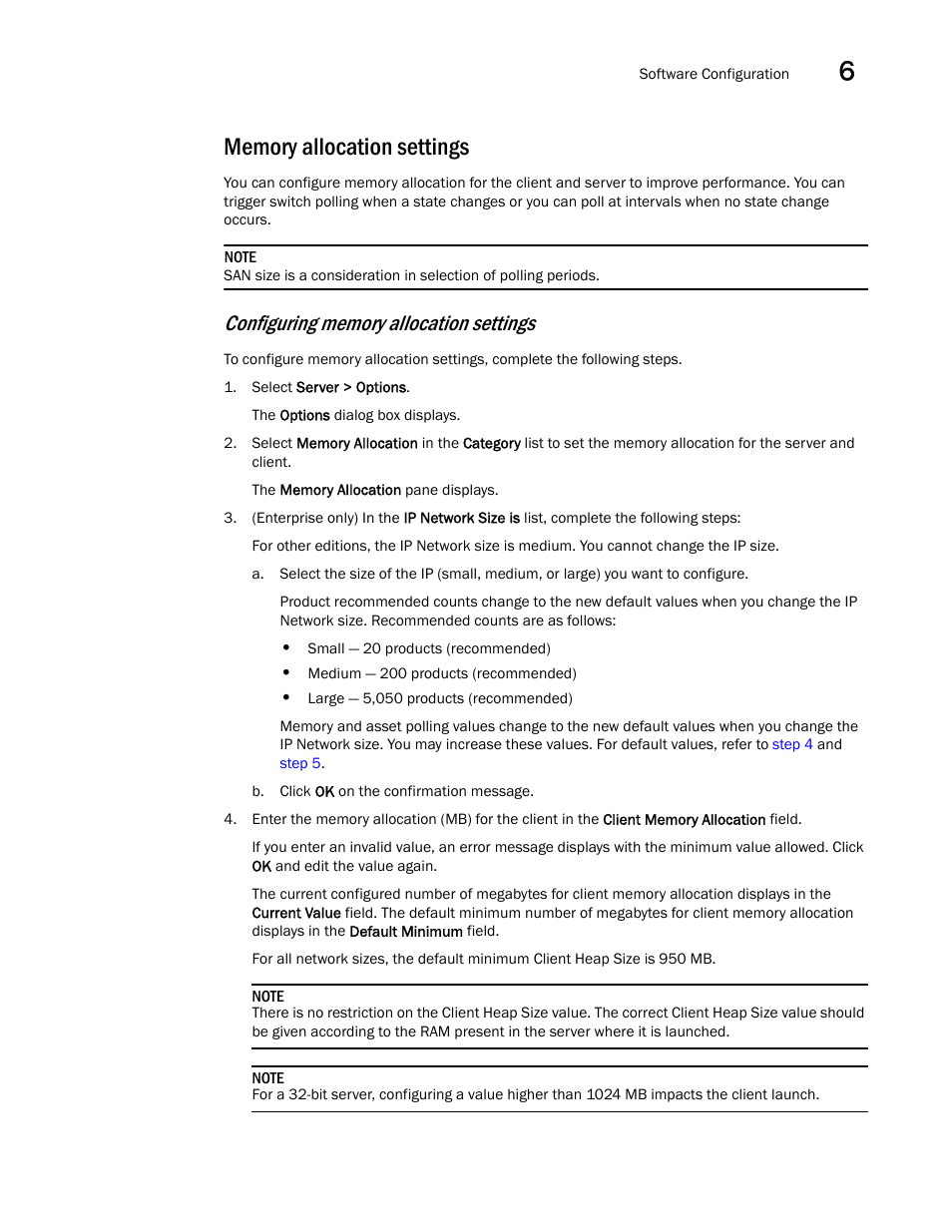 Memory allocation settings, Configuring memory allocation settings | Brocade Network Advisor IP User Manual v12.1.0 User Manual | Page 227 / 1770
