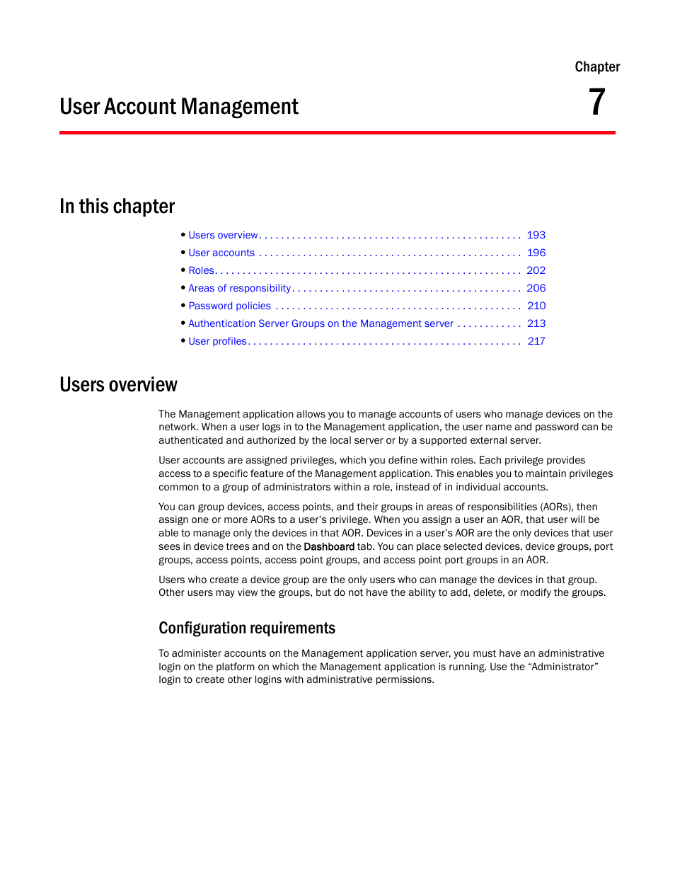 User account management, Users overview, Configuration requirements | Chapter 7, Chapter 7, “user account management | Brocade Network Advisor IP User Manual v12.1.0 User Manual | Page 247 / 1770