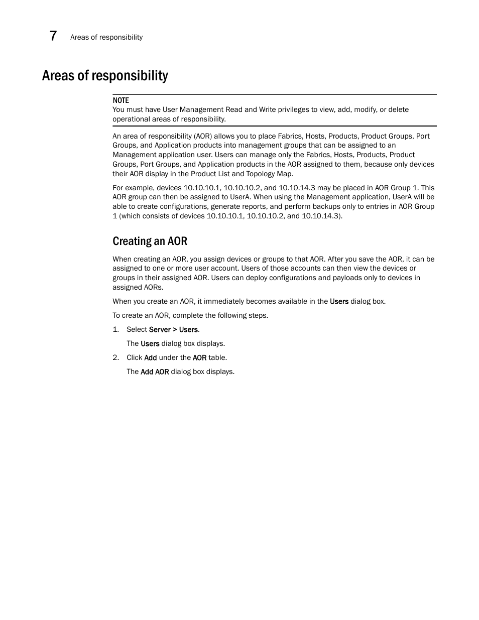 Areas of responsibility, Creating an aor | Brocade Network Advisor IP User Manual v12.1.0 User Manual | Page 260 / 1770