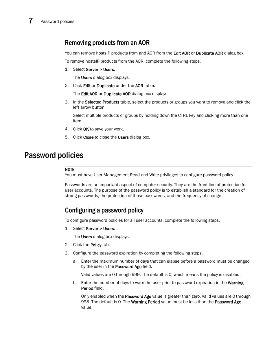 Removing products from an aor, Password policies, Configuring a password policy | Brocade Network Advisor IP User Manual v12.1.0 User Manual | Page 264 / 1770