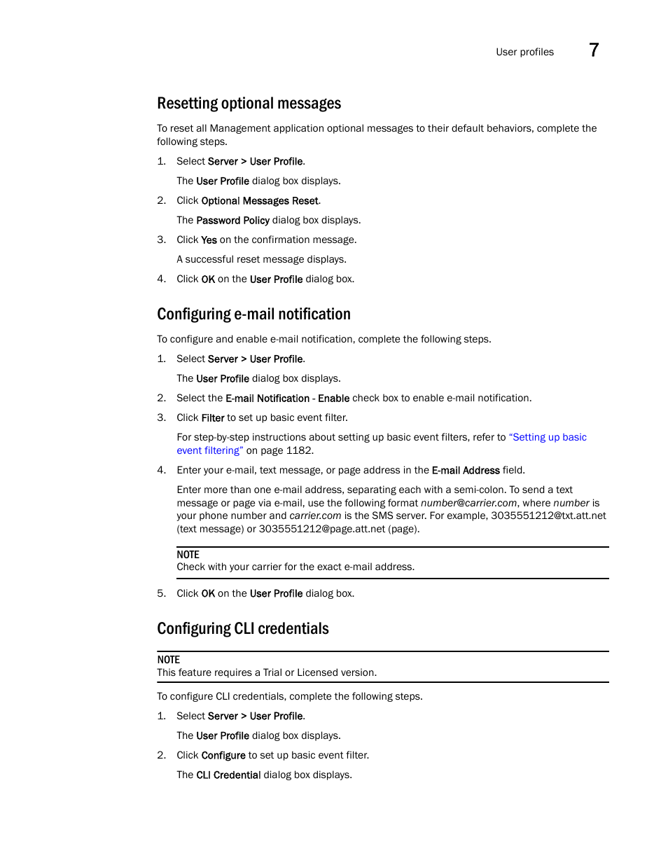 Resetting optional messages, Configuring e-mail notification, Configuring cli credentials | Brocade Network Advisor IP User Manual v12.1.0 User Manual | Page 275 / 1770