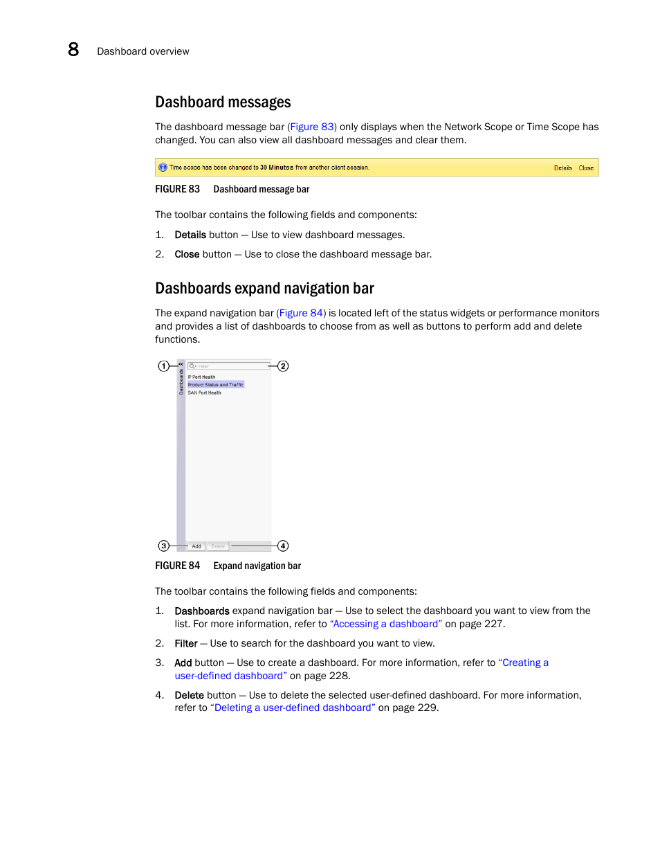 Dashboard messages, Dashboards expand navigation bar, Dashboards | Expand navigation bar | Brocade Network Advisor IP User Manual v12.1.0 User Manual | Page 280 / 1770