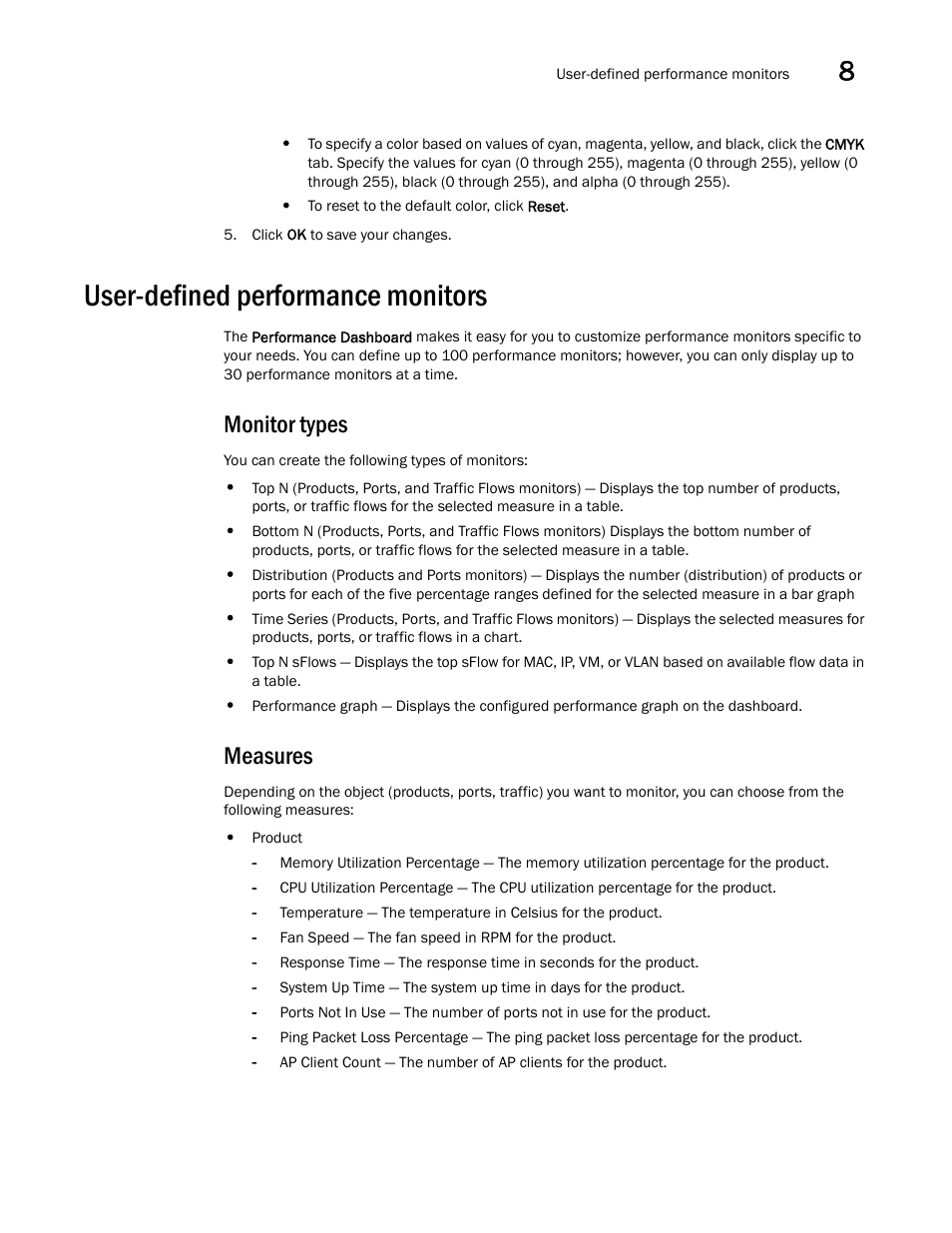 User-defined performance monitors, Monitor types, Measures | Monitor types measures | Brocade Network Advisor IP User Manual v12.1.0 User Manual | Page 327 / 1770