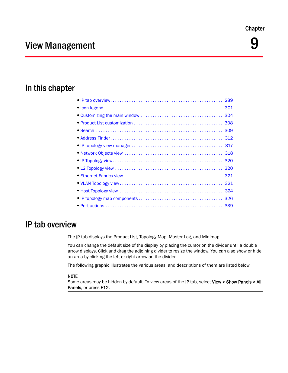 View management, Ip tab overview, Chapter 9 | Chapter 9, “view management | Brocade Network Advisor IP User Manual v12.1.0 User Manual | Page 343 / 1770