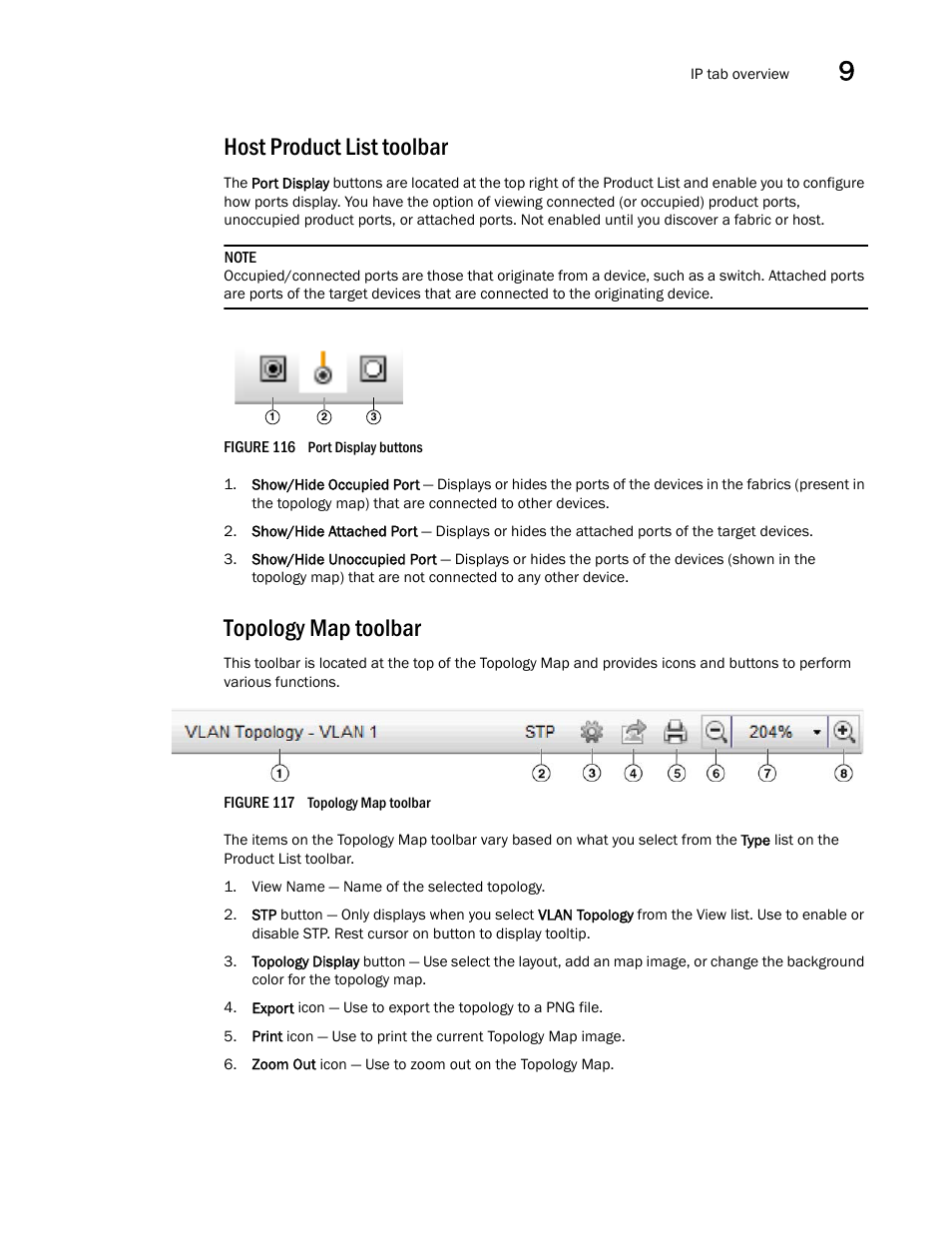 Host product list toolbar, Topology map toolbar | Brocade Network Advisor IP User Manual v12.1.0 User Manual | Page 347 / 1770