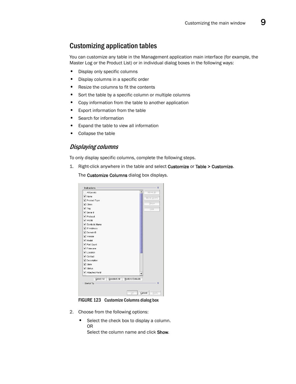 Customizing application tables, Displaying columns | Brocade Network Advisor IP User Manual v12.1.0 User Manual | Page 359 / 1770