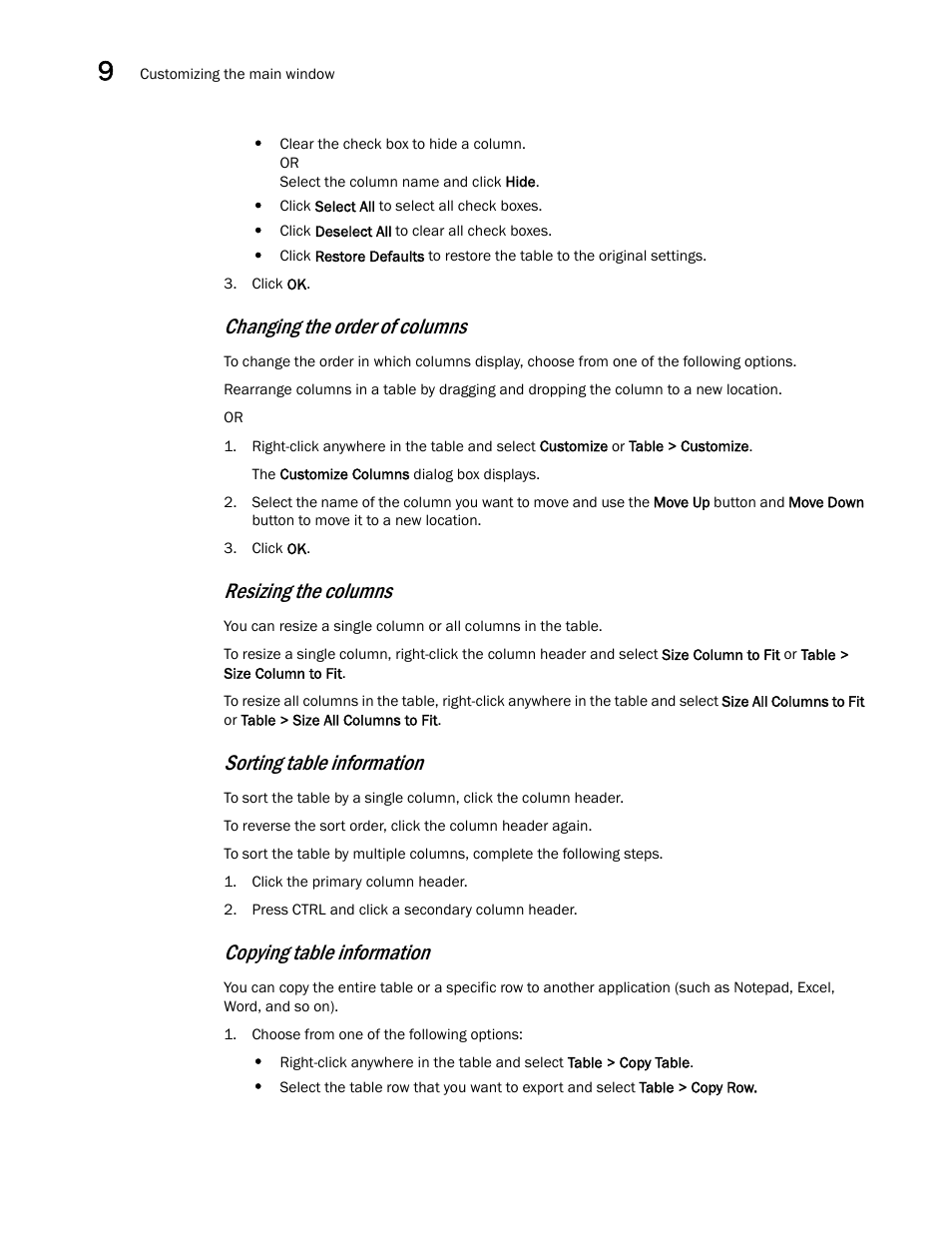 Resizing the columns, Sorting table information, Changing the order of | Columns, Changing the order of columns, Copying table information | Brocade Network Advisor IP User Manual v12.1.0 User Manual | Page 360 / 1770