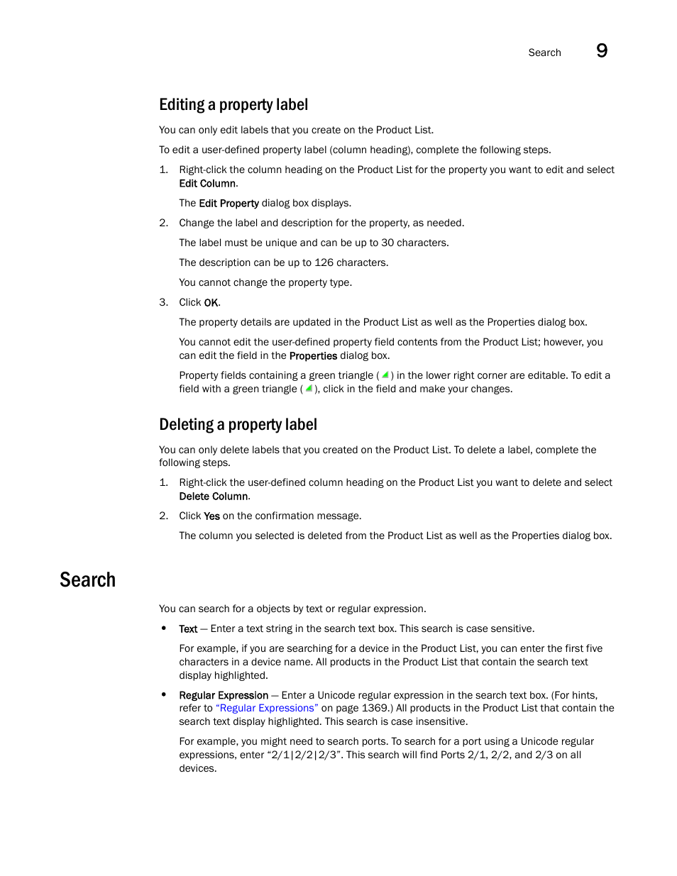 Editing a property label, Deleting a property label, Search | Editing a property label deleting a property label | Brocade Network Advisor IP User Manual v12.1.0 User Manual | Page 363 / 1770