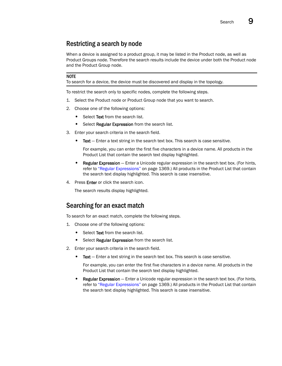 Restricting a search by node, Searching for an exact match | Brocade Network Advisor IP User Manual v12.1.0 User Manual | Page 365 / 1770