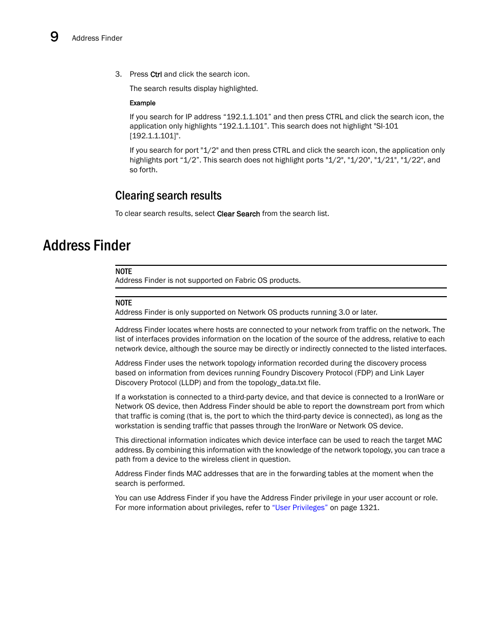 Clearing search results, Address finder | Brocade Network Advisor IP User Manual v12.1.0 User Manual | Page 366 / 1770