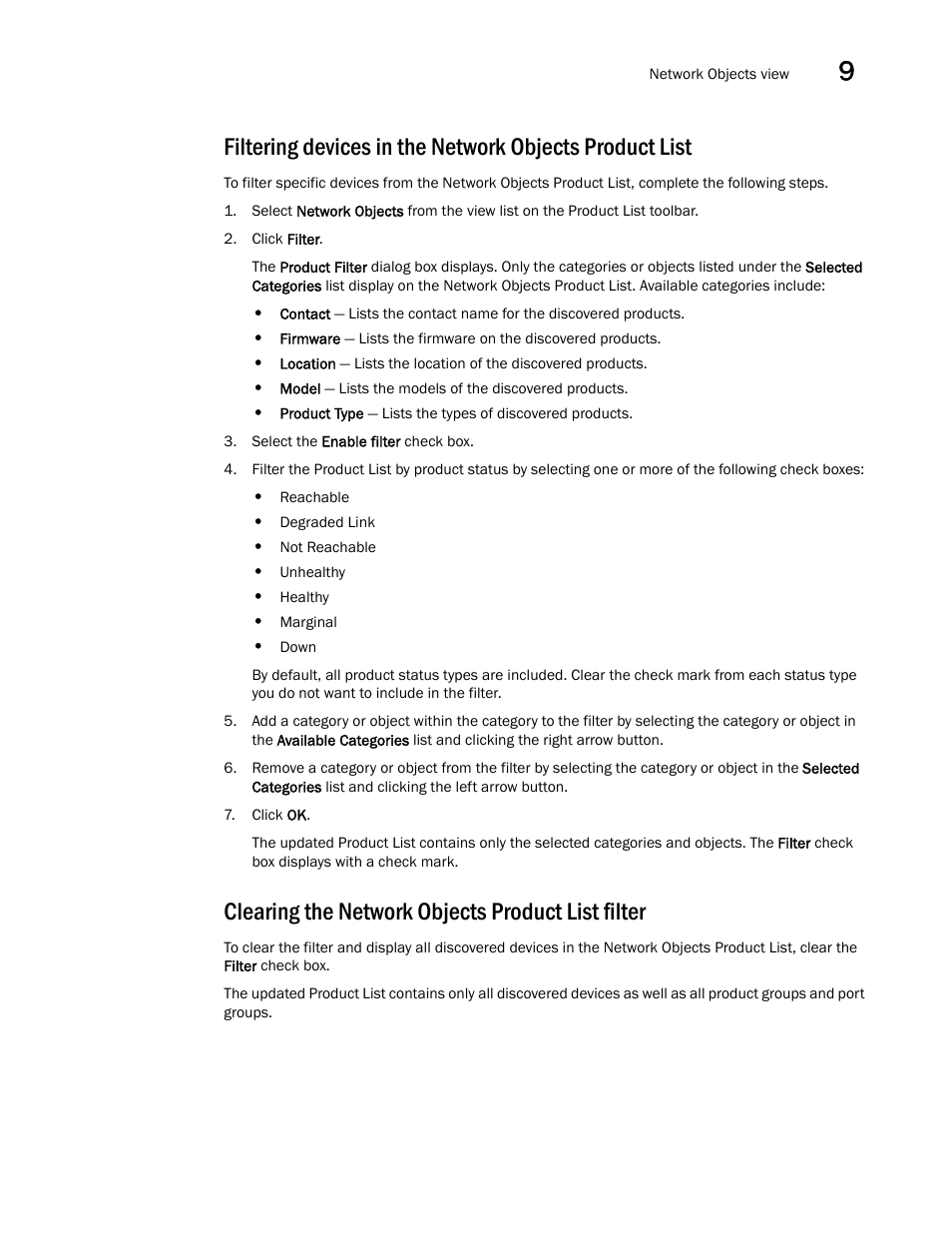 Clearing the network objects product list filter, Filtering devices in the network objects, Product list | Brocade Network Advisor IP User Manual v12.1.0 User Manual | Page 373 / 1770