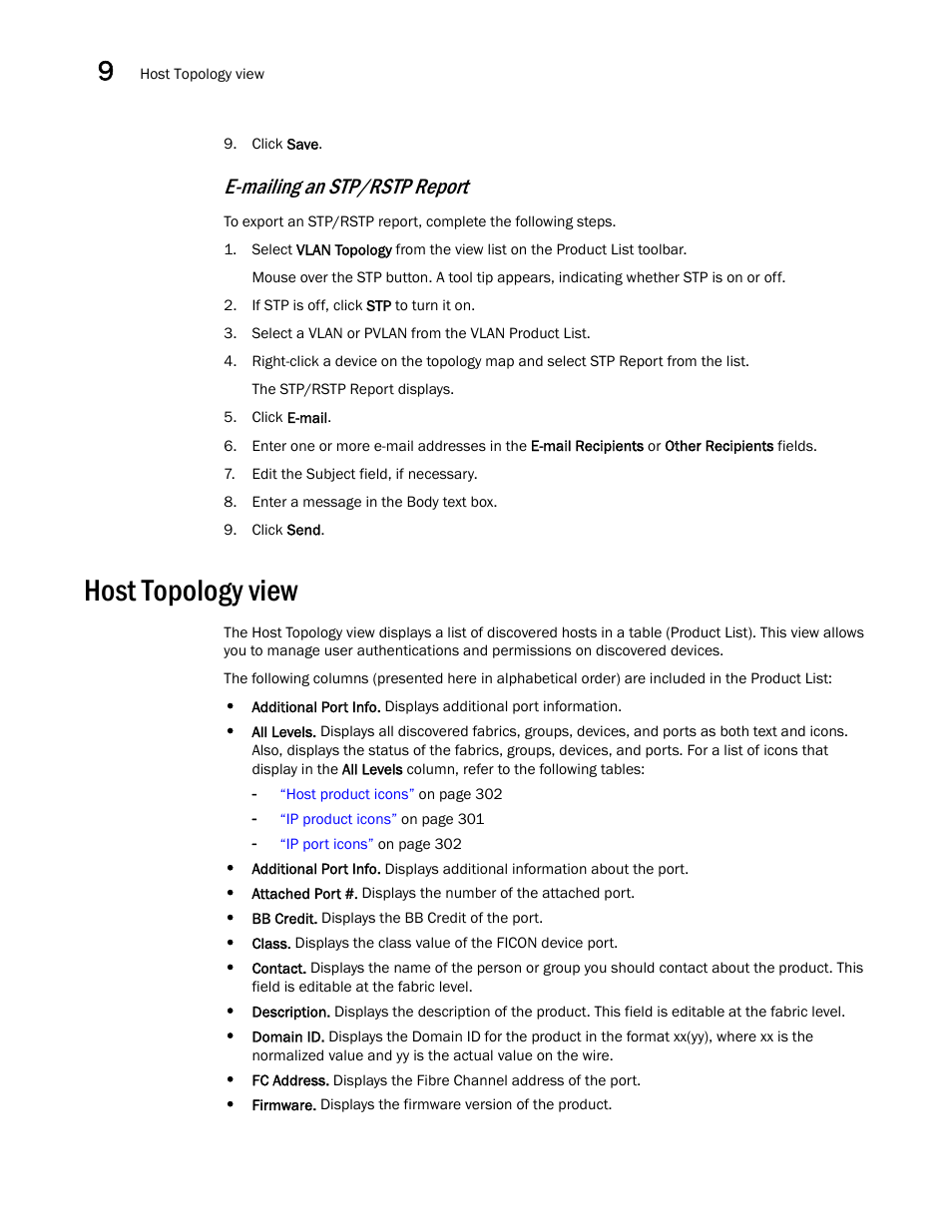 Host topology view, E-mailing an stp/rstp report | Brocade Network Advisor IP User Manual v12.1.0 User Manual | Page 378 / 1770