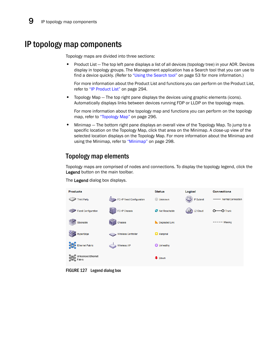 Ip topology map components, Topology map elements, Topology map | Elements | Brocade Network Advisor IP User Manual v12.1.0 User Manual | Page 380 / 1770