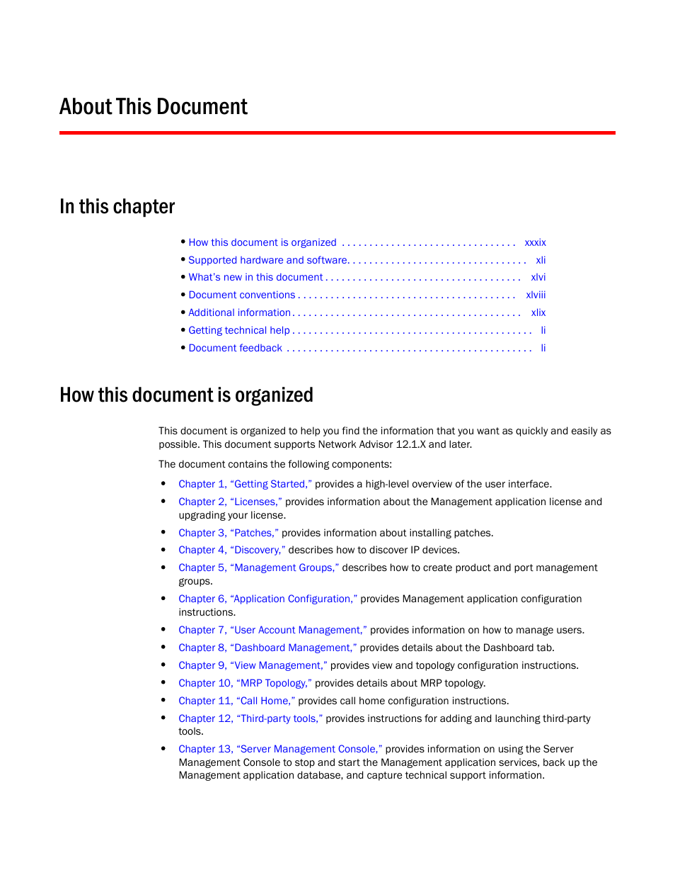 About this document, In this chapter, How this document is organized | Brocade Network Advisor IP User Manual v12.1.0 User Manual | Page 41 / 1770