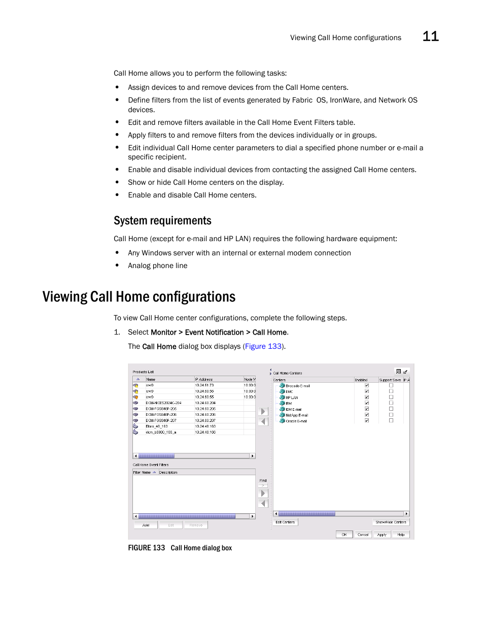 System requirements, Viewing call home configurations | Brocade Network Advisor IP User Manual v12.1.0 User Manual | Page 411 / 1770