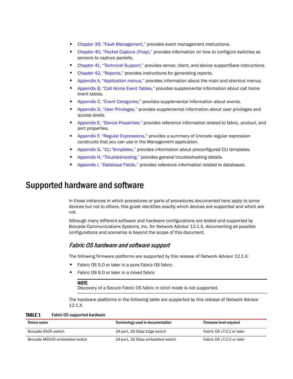 Supported hardware and software, Fabric os hardware and software support | Brocade Network Advisor IP User Manual v12.1.0 User Manual | Page 43 / 1770