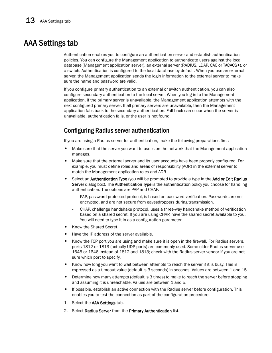 Aaa settings tab, Configuring radius server authentication | Brocade Network Advisor IP User Manual v12.1.0 User Manual | Page 446 / 1770