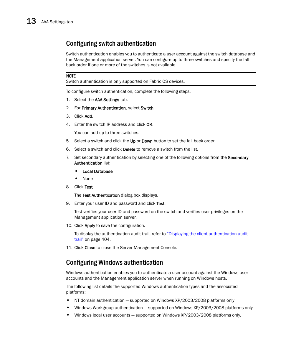 Configuring switch authentication, Configuring windows authentication | Brocade Network Advisor IP User Manual v12.1.0 User Manual | Page 456 / 1770
