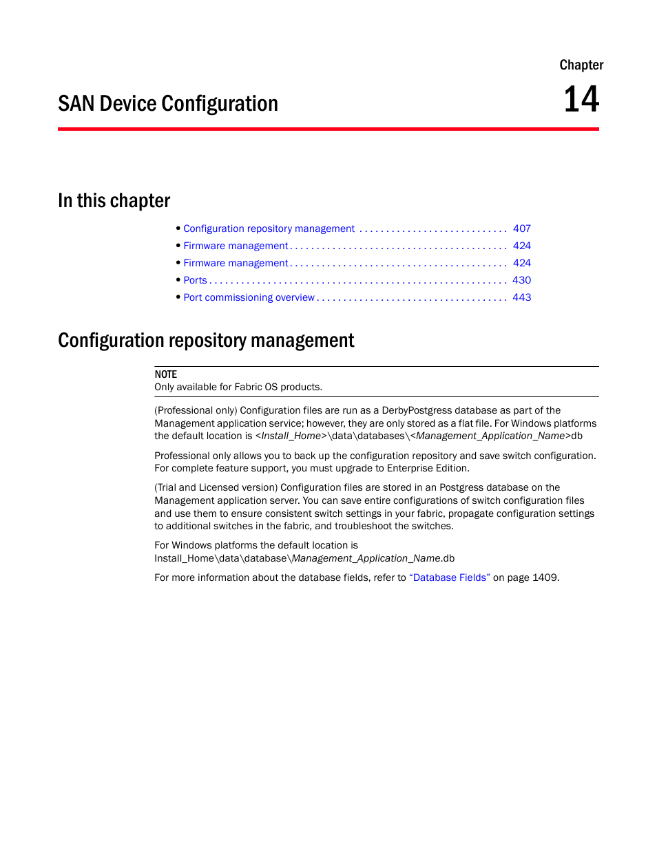 San device configuration, Configuration repository management, Chapter 14 | Chapter 14, “san device configuration | Brocade Network Advisor IP User Manual v12.1.0 User Manual | Page 461 / 1770