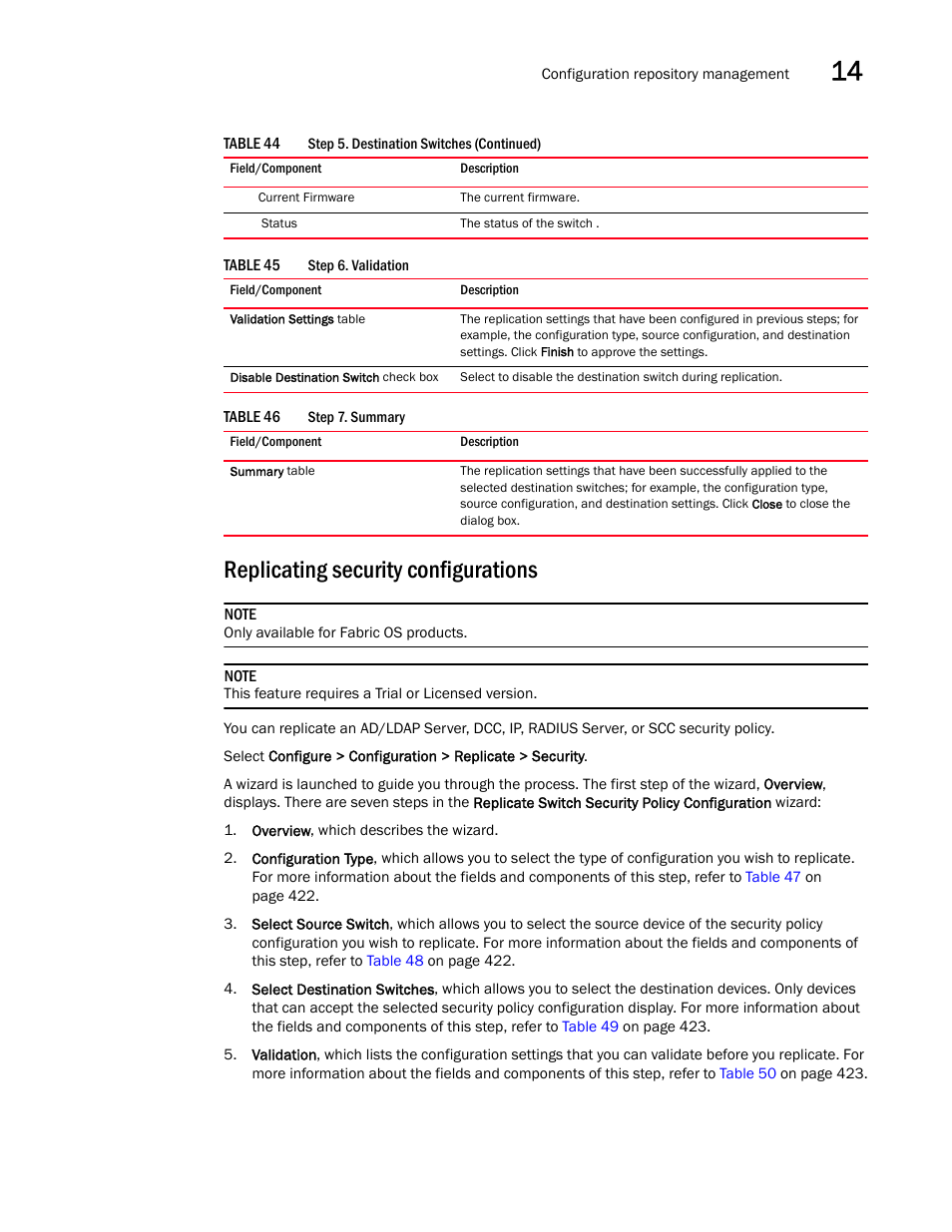 Replicating security configurations, Table 45, Table 46 | Brocade Network Advisor IP User Manual v12.1.0 User Manual | Page 475 / 1770