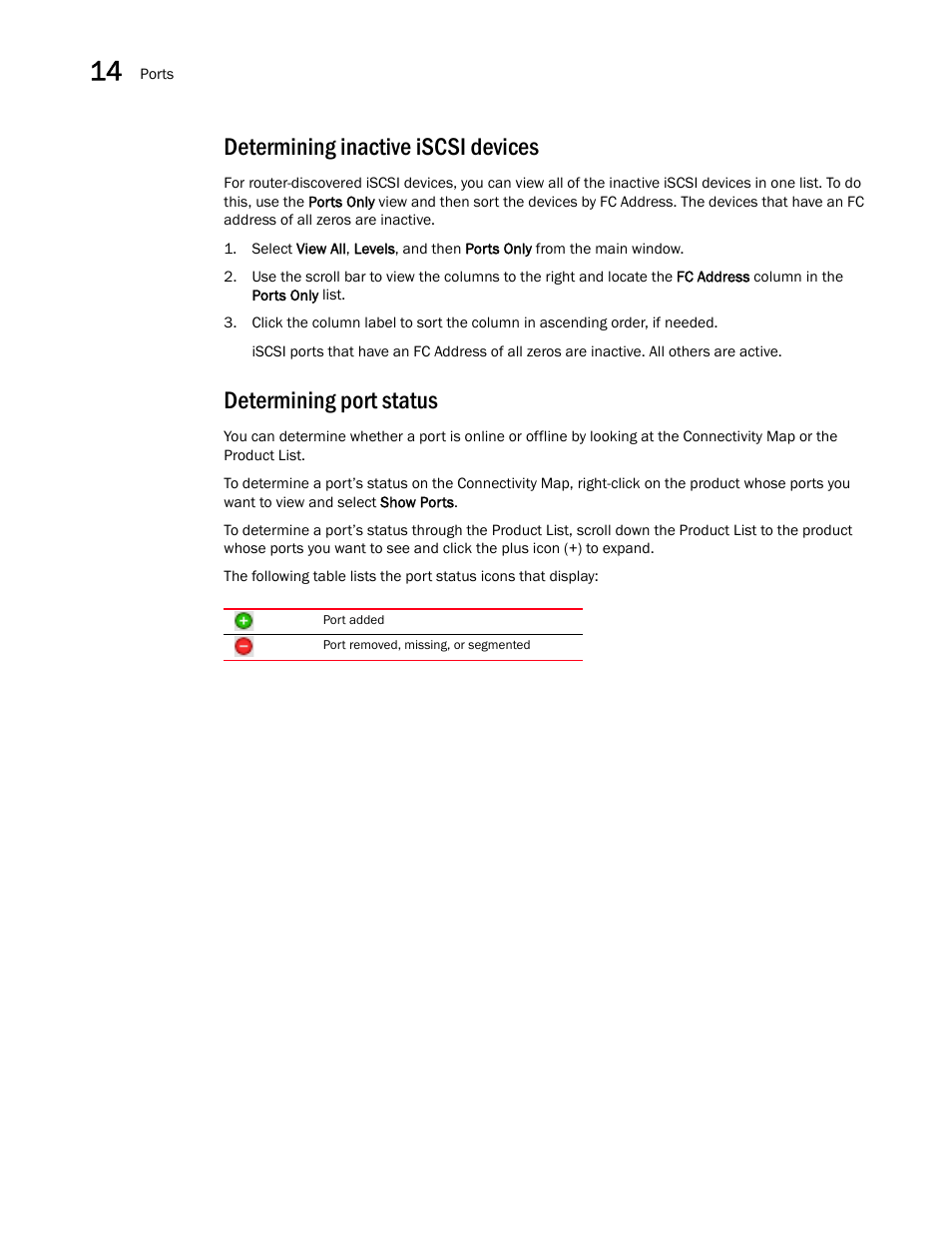 Determining inactive iscsi devices, Determining port status | Brocade Network Advisor IP User Manual v12.1.0 User Manual | Page 494 / 1770