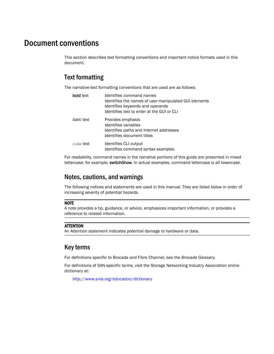 Document conventions, Text formatting, Notes, cautions, and warnings | Key terms | Brocade Network Advisor IP User Manual v12.1.0 User Manual | Page 50 / 1770