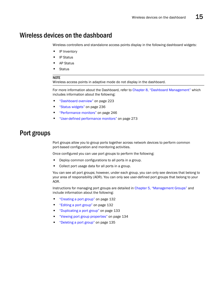 Wireless devices on the dashboard, Port groups | Brocade Network Advisor IP User Manual v12.1.0 User Manual | Page 515 / 1770