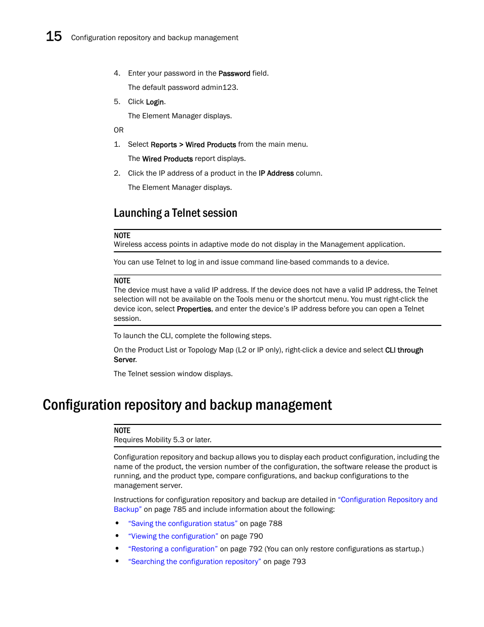 Launching a telnet session, Configuration repository and backup management | Brocade Network Advisor IP User Manual v12.1.0 User Manual | Page 518 / 1770