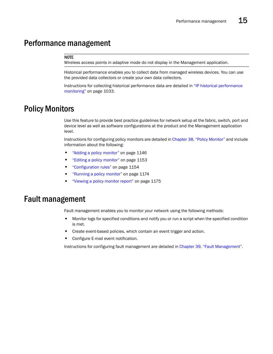 Performance management, Policy monitors, Fault management | Brocade Network Advisor IP User Manual v12.1.0 User Manual | Page 521 / 1770